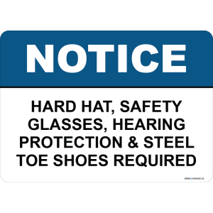 G Signage - "Hard Hat Safety Glasses Hearing Protection and Steel Toe Shoes Required" - EN - OSHA Notice Sign