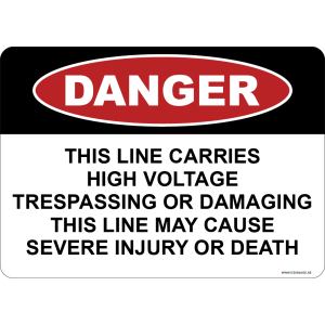 G Signage - "This Line Carries High Voltage Trespassing Or Damaging This Line May Cause Severe Injury Or Death" - EN - OSHA Danger Sign