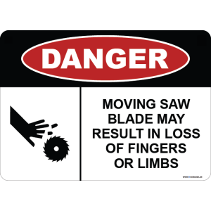 G Signage - "Moving Saw Blade May Result In Loss Of Fingers Or Limbs" - EN - OSHA Danger Sign