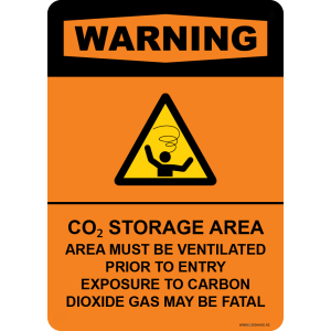 G Signage - "Co2 Storage area Area must be ventilated prior to entry Exposure to Carbon Dioxide Gas may be fatal" - EN - OSHA Warning Sign