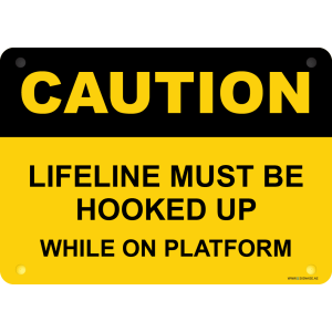 G Signage - "Lifeline Must Be Hooked Up While On Platform" - EN - OSHA Caution Sign